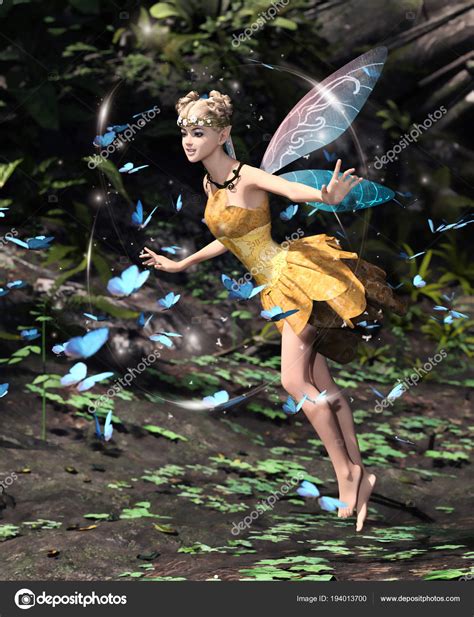3d Rendering Of A Fairy Flying In A Magical Forest Surrounded By Flock