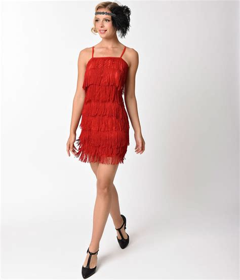 Unique Vintage 1920s Style Red Speakeasy Tiered Fringe Flapper Dress