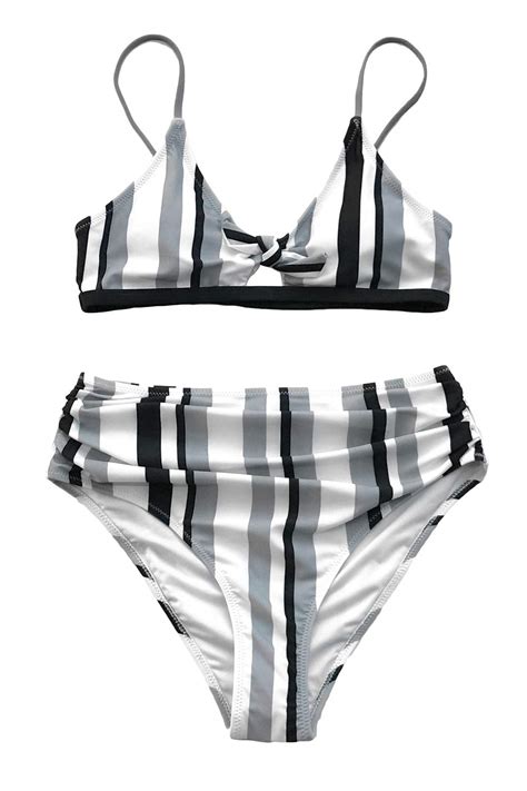 Cupshe Womens Stripe Bikini Bowknot Shirred Swimsuit Beachwear Central