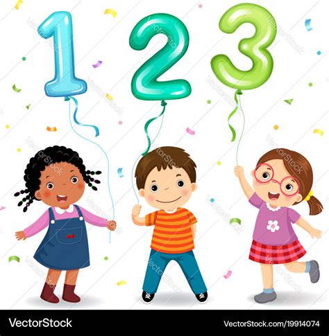 Cartoon Kids Holding Number 123 Shaped Balloons Vector Image