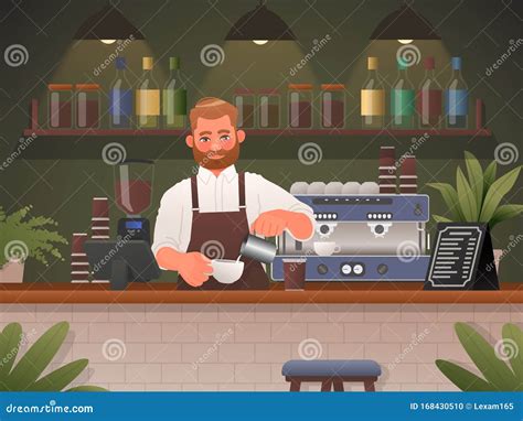 Barista Makes Coffee In A Cafe Shop Vector Illustration Stock
