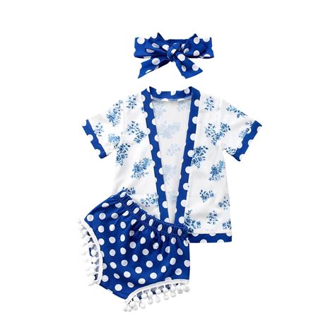 3pcs Newborn Baby Girls Beach Clothes Set Floral Dots Print Short