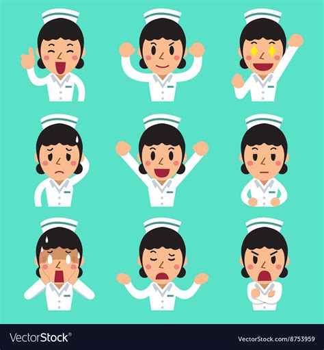 Cartoon Female Nurse Faces Showing Different Vector Image