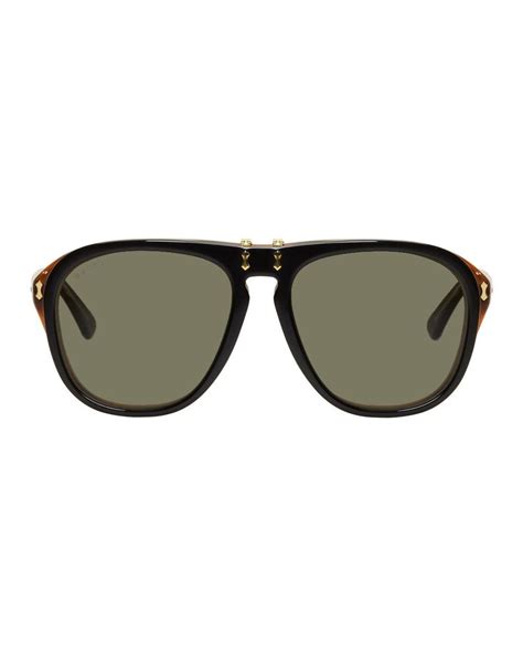 gucci black and tortoiseshell flip up pilot sunglasses for men lyst