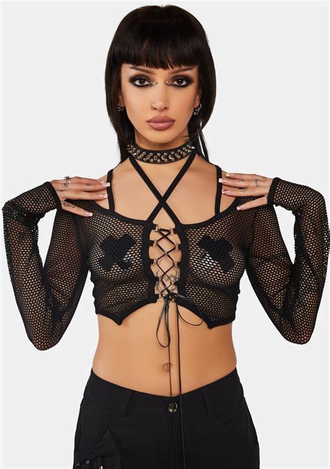 dark in love sheer mesh lace up crop top black dolls kill