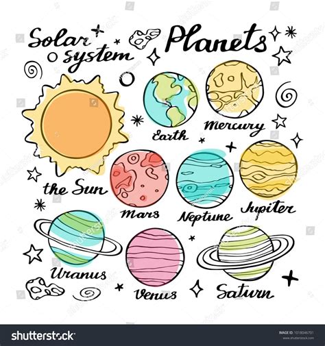 Planets Doodle Vector Set Hand Drawn Cartoon Collection Of Solar