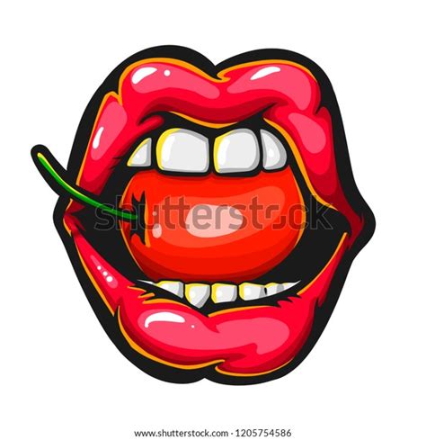Female Sexy Red Lips Juicy Cherry Stock Illustration 1205754586
