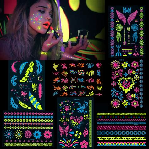 7 Large Sheets Neon Temporary Tattoos 100 Shimmer Designs Glow Uv Neon Body Face Skin Tattoo
