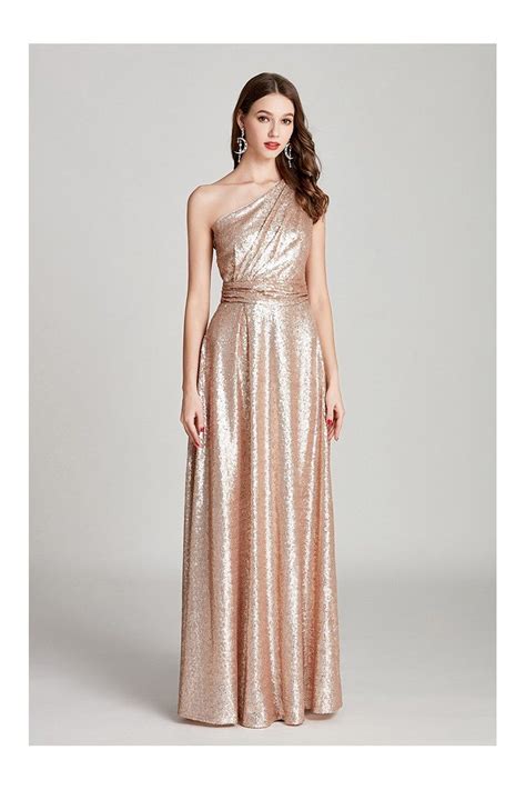 Sparkly Pleated Long Gold Sequin Prom Dress In One Shoulder 95