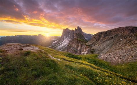 Dolomites Italy Morning Gold Sunrise Green Mountain With Colorful Sky