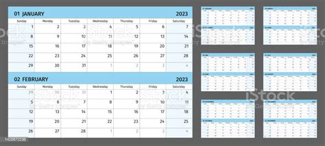 Horizontal Calendar For 2023 Years 2 Months On 1 Page Simple Calendar