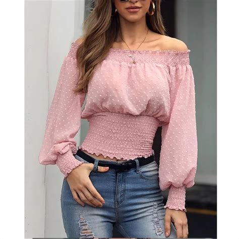 2019 Women Shoulderless Blouses Long Puff Sleeve Dots Chiffon Crop Tops