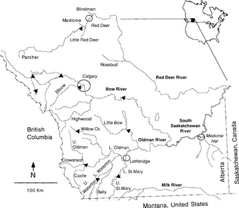 Map Of Southern Alberta Canada Showing The Rivers Included In The
