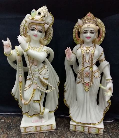 White Painted Radha Krishna Marble Statue For Worship Size 1 Feet At