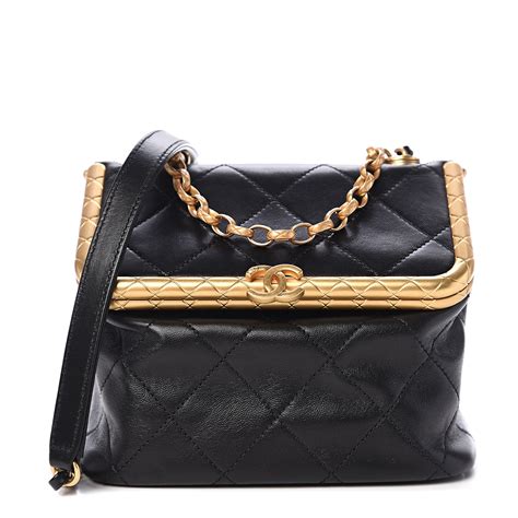 Chanel Lambskin Quilted Kiss Lock Bag Black 542988