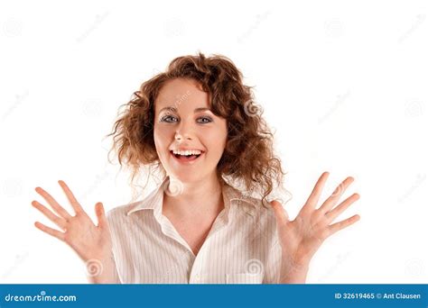 Beautiful Young Woman Laughing With Her Hands Up Stock Image Image Of