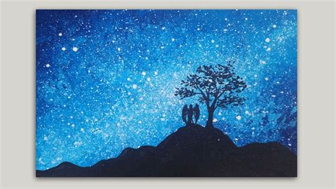Starry Sky Angel And Tree Silhouette Acrylic Painting Tutorial Youtube