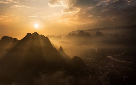 Nature Landscape Mist Sunrise Mountain Guilin River Clouds China