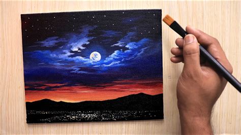 Acrylic Painting Of Dramatic Moonlight Night Sky Landscape Step By Step