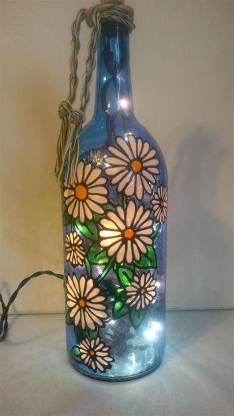 Daisies Bottle Lamp Handpainted Stained Glass Look Lighted Etsy Hand Painted Wine Bottles
