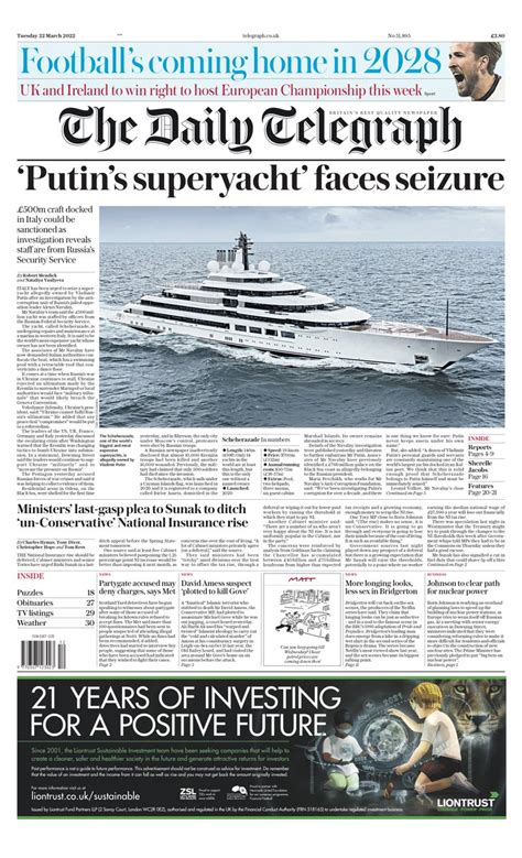 Daily Telegraph Front Page 22nd Of March 2022 Tomorrows Papers Today