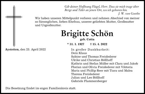 Traueranzeigen Von Brigitte Schön Augsburger Allgemeine Zeitung
