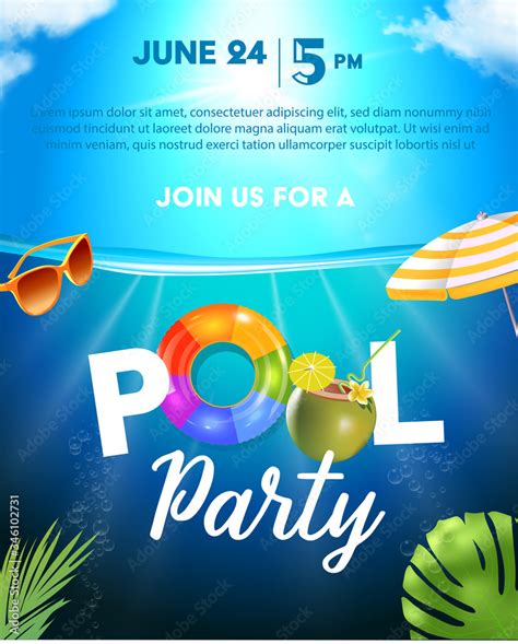 Vecteur Stock Pool Party Poster Template Background With Pool Surface