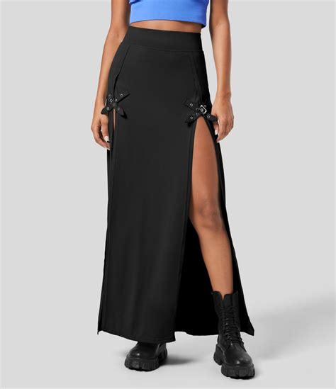 Womens High Waisted Decorative Buckle Split 2 In 1 Maxi Casual Skirt