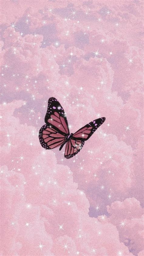 Pink Glittery Cloud Butterfly Wallpaper Flowers