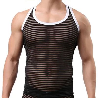 Fashion Brand Mesh Striped Transparent Men Sexy Fitness Tank Tops