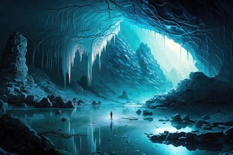 Premium Ai Image A Frozen Lake In A Vast Cavern With Icicles Hanging