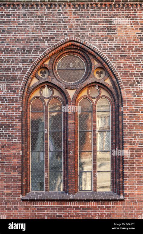 Gothic Window In Red Brick Wall Of Dome Cathedral Riga Latvia Stock