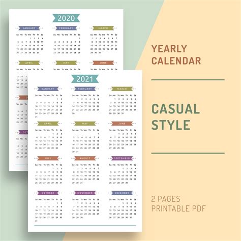2020 Yearly Calendar Template Printable Calendar Yearly Two Etsy