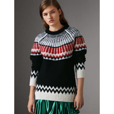 Fair Isle Wool Cashmere Sweater In Black Military Red Women