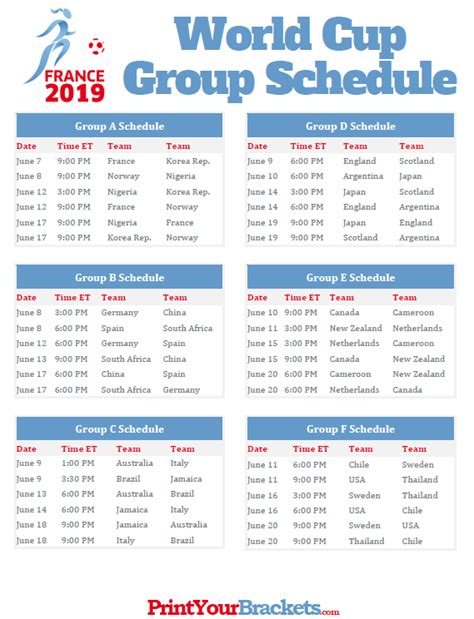 Printable Women S World Cup Group Schedule