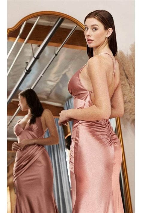 Cinderella Divine Ch236 Open Back Ruched Satin Evening Gown Satin Evening Gown Fitted Prom
