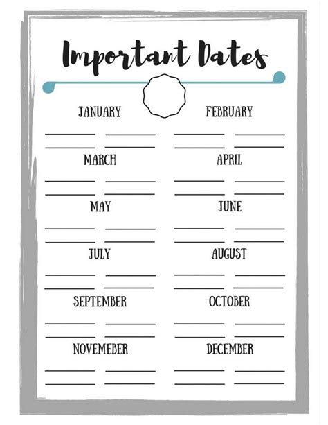 Important Dates Printable Important Dates Calendar Organization Music