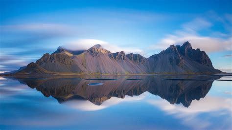 Iceland Mountain Vestrahorn Under Blue Sky Reflection On Water Hd