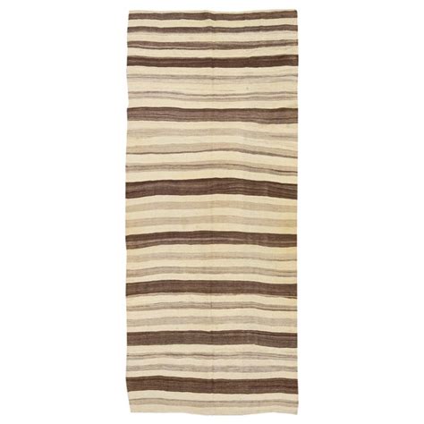Vintage Beige Kilim Handmade Flatweave Striped Pattern Wool Runner At