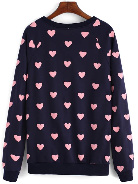 Round Neck Heart Print Navy Sweatshirtfor Women Romwe