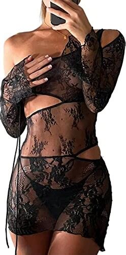 Femereina Womens Sexy See Through Dress Mesh Sheer Floral Lace Long