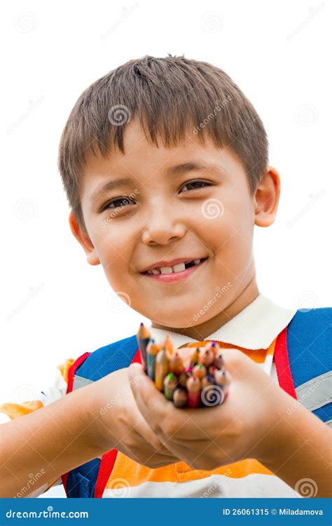 Schoolboy With Colored Pencils Stock Image Image Of Drawing