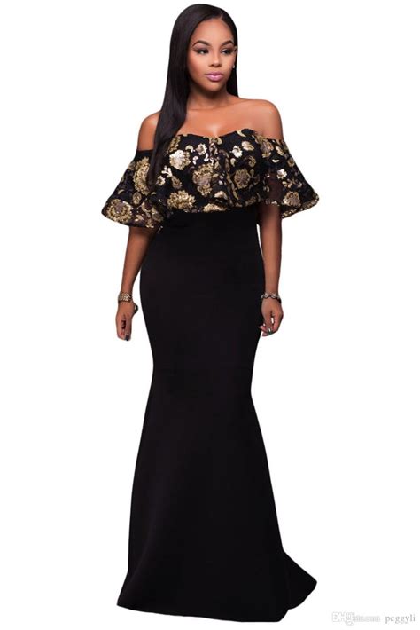 Black Gold Sequins Ruffle Strapless Long Dress 2017 Plus