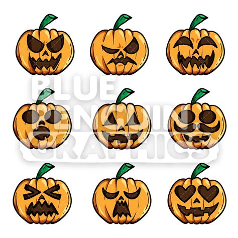 Halloween 9 Scary Pumpkin Set Vector Cartoon Clipart