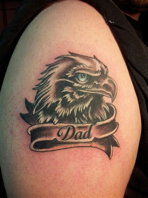 Black And White Eagle Head Memorial Tattoo With Dad Ribbon