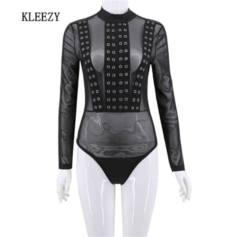 Kleezy Club Evening Party Long Sleeve Sexy See Through Mesh Rings