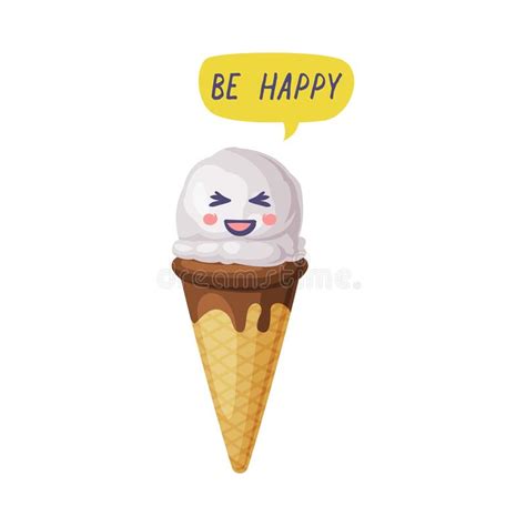 Funny Ice Cream In Waffle Cone With Happy Smiling Face And Speech