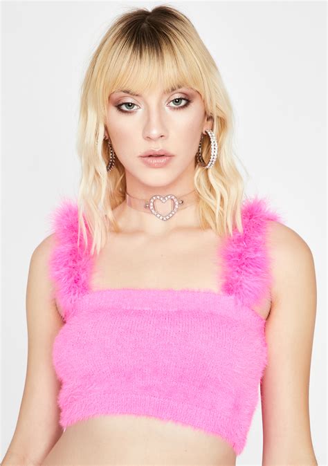 Neon Pink Fuzzy Marabou Tank Crop Top Dolls Kill