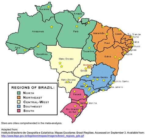 Map Of Brazil According To Its Five Macro Regions With The Cities
