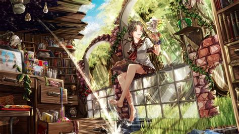 Ruin Nature Anime Girls Books School Uniform Wallpapers Hd